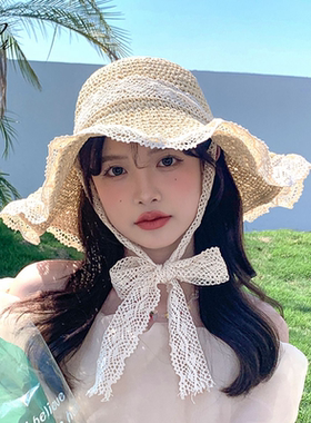 草帽系带草编帽女夏遮阳帽
