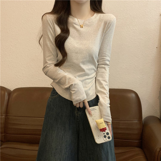 Camiseta de cintura delgada para mujer, Top de manga larga ajustado de estilo corto, Top pequeño con cuello redondo, primavera, otoño e invierno