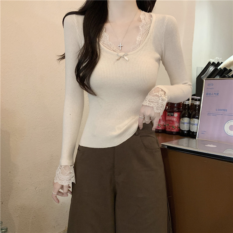 秋冬季纯欲风蕾丝花边修身显瘦长袖打底针织衫上衣紧身内搭毛衣女,淘宝优惠券,粉丝福利购,淘宝优惠卷