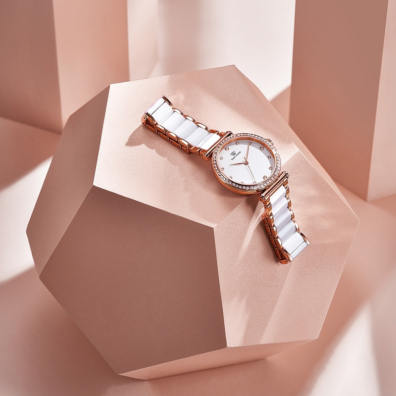 天王女士时尚镶钻陶瓷带防水石英表 天王天唯雅国产腕表