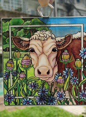 超值推荐！鲜花与牛彩绘玻璃挂画AMIA外贸原单中古艺术收藏送礼