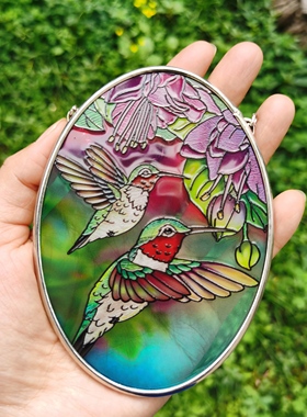 清仓！蜂鸟与宝莲灯AMIA彩绘玻璃挂牌花园露台挂件复古绚丽送礼