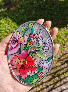 惊艳！蜂鸟与美人蕉彩色玻璃挂件客厅摆件创意高档送礼出口美国