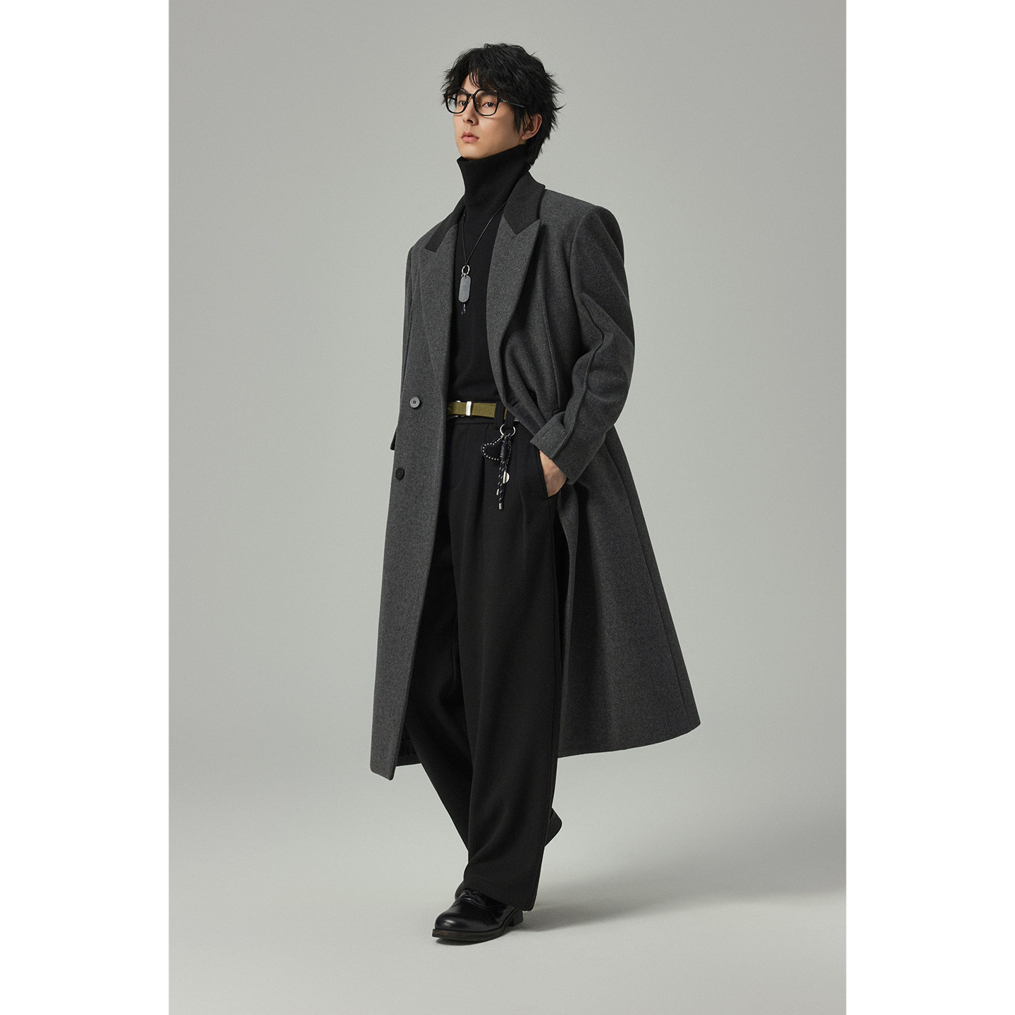 【鹅绒内胆】储格拼接毛呢大衣男中长款过膝帅气夹棉带垫肩外套,淘宝优惠券,粉丝福利购,淘宝优惠卷