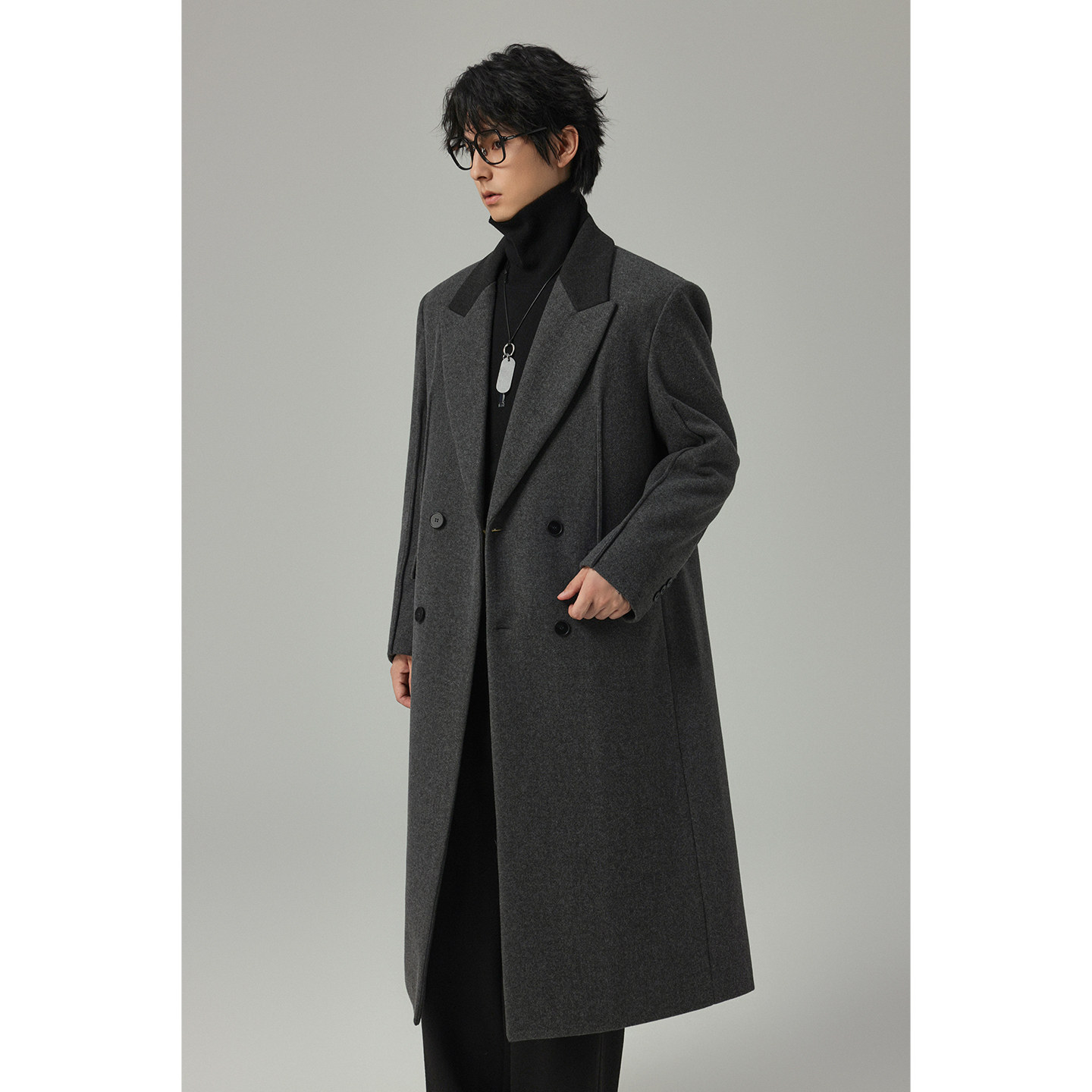 【鹅绒内胆】储格拼接毛呢大衣男中长款过膝帅气夹棉带垫肩外套,淘宝优惠券,粉丝福利购,淘宝优惠卷