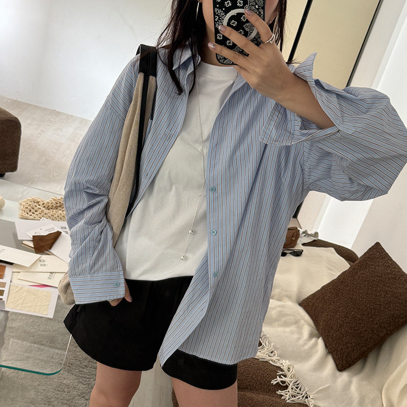 SLO【豆豆同款】【天才女友高智】经典翻领宽松长袖条纹衬衫衣女
