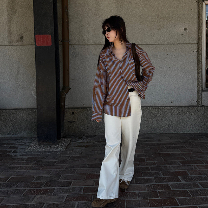 SLO【豆豆同款】【天才女友高智】经典翻领宽松长袖条纹衬衫衣女