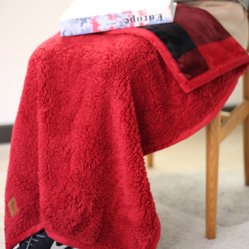 超厚款!圣诞红格子双层羊羔绒小毯子盖腿单人冬季学生自习小毛毯