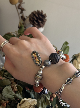 叶优里纯银金刚杵蜜蜡象守彩玉沉香片护符祥云平安喜乐手串