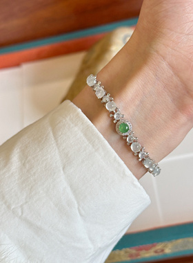 叶优里天然缅甸A货翡翠手链女s925银镶嵌天然玉石A货简约款