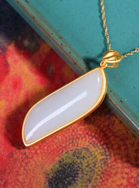 S925银镀18K金镶和田白玉柳叶珐琅宫廷复古吊坠汉服配饰玉坠项链