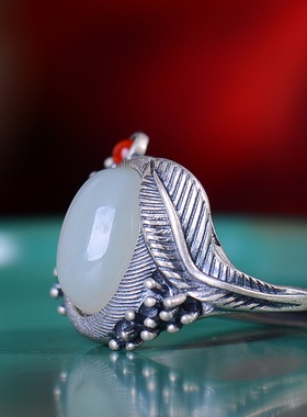 S925银镀18K金镶和田玉白玉蛋面女宫廷复古戒指戒圈汉服配饰指环