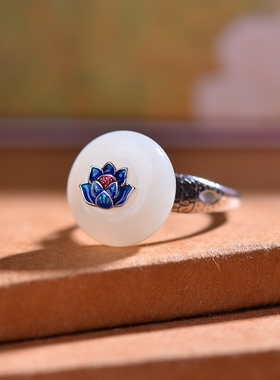 S925银镀18K金镶和田玉白玉平安扣宫廷复古戒指戒圈汉服配饰指环