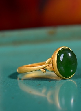 S925银镀18K金镶和田玉碧玉蛋面女宫廷复古戒指戒圈汉服配饰指环