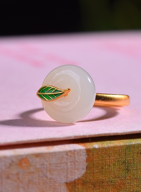 S925银镀18K金镶和田玉白玉平安扣宫廷复古戒指戒圈汉服配饰指环