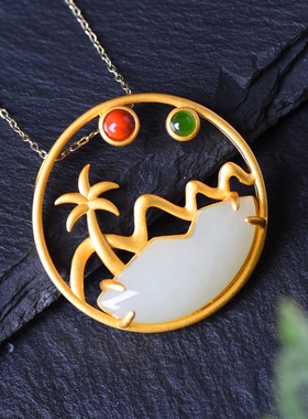 S925银镀18K金镶和田白玉异形珐琅宫廷复古吊坠汉服配饰玉坠项链