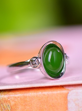 S925银镀18K金镶和田玉碧玉元宝女宫廷复古戒指戒圈汉服配饰指环