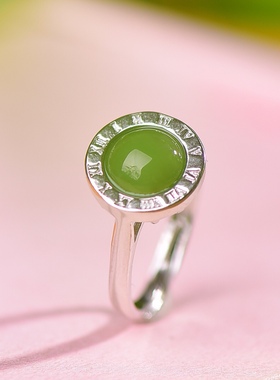 S925银镀18K金镶和田玉碧玉蛋面女宫廷复古戒指戒圈汉服配饰指环