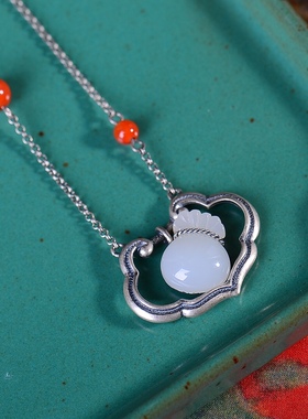 S925银镀18K金镶和田白玉钱袋珐琅宫廷复古吊坠汉服配饰玉坠项链