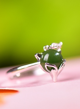 S925银镀18K金镶和田玉碧玉蛋面女宫廷复古戒指戒圈汉服配饰指环