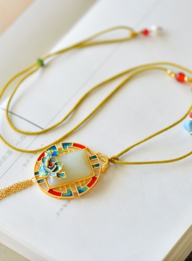 S925银镀18K金镶和田白玉方形珐琅宫廷复古吊坠汉服配饰玉坠项链