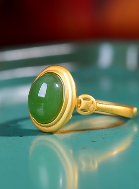 S925银镀18K金镶和田玉碧玉蛋面女宫廷复古戒指戒圈汉服配饰指环