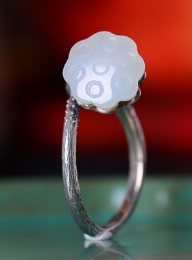 S925银镀18K金镶和田玉白玉莲蓬女宫廷复古戒指戒圈汉服配饰指环