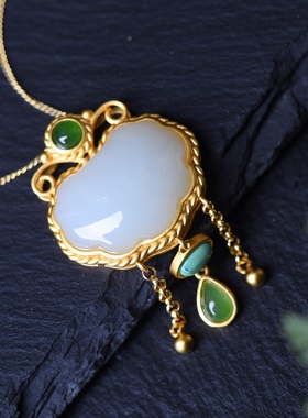 S925银镀18K金镶和田玉如意锁珐琅宫廷复古吊坠汉服配饰玉坠项链