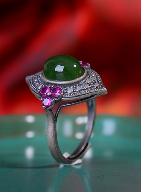 S925银镀18K金镶和田玉碧玉蛋面女宫廷复古戒指戒圈汉服配饰指环