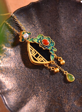 S925银镀18K金镶和田墨玉方形珐琅宫廷复古吊坠汉服配饰玉坠项链