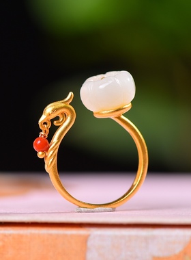 S925银镀18K金镶和田玉白玉荷花凤凰女复古戒指戒圈汉服配饰指环