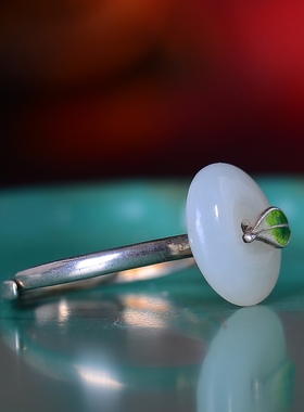 S925银镀18K金镶和田玉白玉平安扣宫廷复古戒指戒圈汉服配饰指环