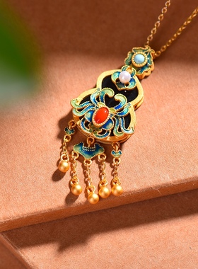 S925银镀18K金镶和田墨玉葫芦珐琅宫廷复古吊坠汉服配饰玉坠项链