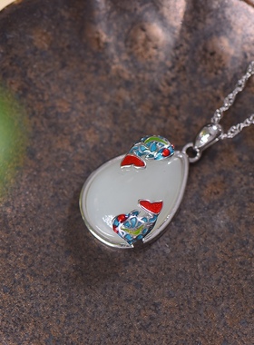 S925银镀18K金镶和田白玉水滴珐琅宫廷复古吊坠汉服配饰玉坠项链