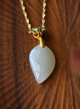 S925银镀18K金镶和田白玉柳叶珐琅宫廷复古吊坠汉服配饰玉坠项链