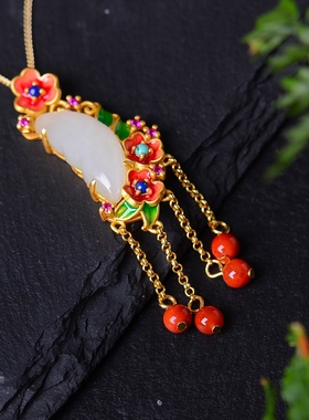 S925银镀18K金镶和田白玉多宝珐琅宫廷复古吊坠汉服配饰玉坠项链