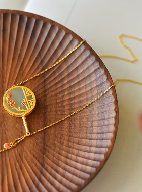 S925银镀18K金镶和田白玉团扇珐琅宫廷复古吊坠汉服配饰玉坠项链