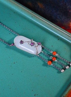 S925银镀18K金镶和田白玉柱形珐琅宫廷复古吊坠汉服配饰玉坠项链