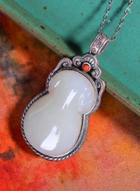 S925银镀18K金镶和田白玉旗袍珐琅宫廷复古吊坠汉服配饰玉坠项链