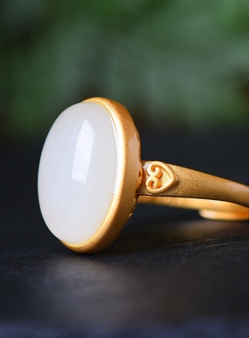 S925银镀18K金镶和田玉白玉蛋面女宫廷复古戒指戒圈汉服配饰指环