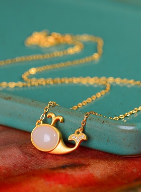 S925银镀18K金镶和田白玉海豚珐琅宫廷复古吊坠汉服配饰玉坠项链