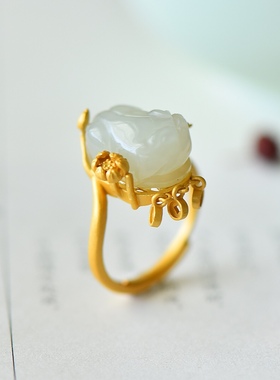 S925银镀18K金镶和田玉白玉貔貅女宫廷复古戒指戒圈汉服配饰指环