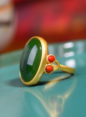 S925银镀18K金镶和田玉碧玉蛋面女宫廷复古戒指戒圈汉服配饰指环