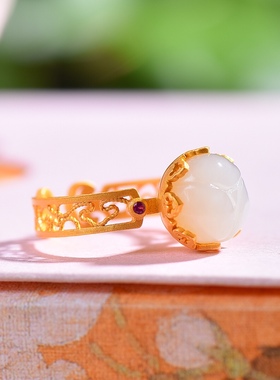 S925银镀18K金镶和田玉白玉莲花女宫廷复古戒指戒圈汉服配饰指环