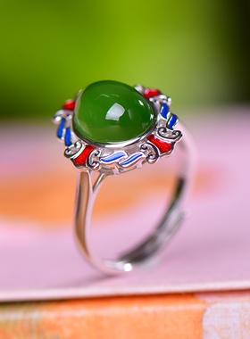 S925银镀18K金镶和田玉碧玉蛋面女宫廷复古戒指戒圈汉服配饰指环