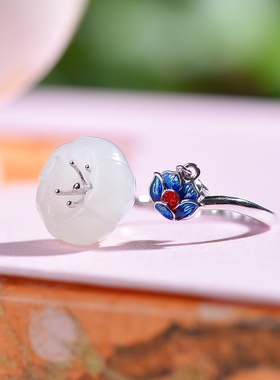 S925银镀18K金镶和田玉白玉荷花女宫廷复古戒指戒圈汉服配饰指环