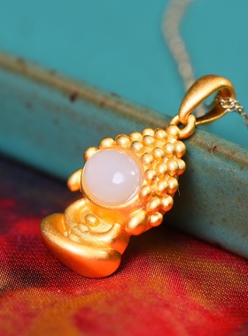 S925银镀18K金镶和田玉宝宝佛珐琅宫廷复古吊坠汉服配饰玉坠项链