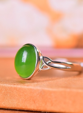 S925银镀18K金镶和田玉碧玉蛋面女宫廷复古戒指戒圈汉服配饰指环