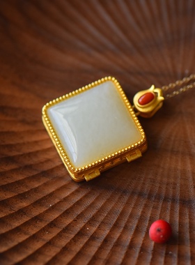 S925银镀18K金镶和田白玉方形珐琅宫廷复古吊坠汉服配饰玉坠项链