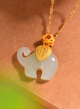S925银镀18K金镶和田玉白玉吉祥象宫廷复古吊坠汉服配饰玉坠项链